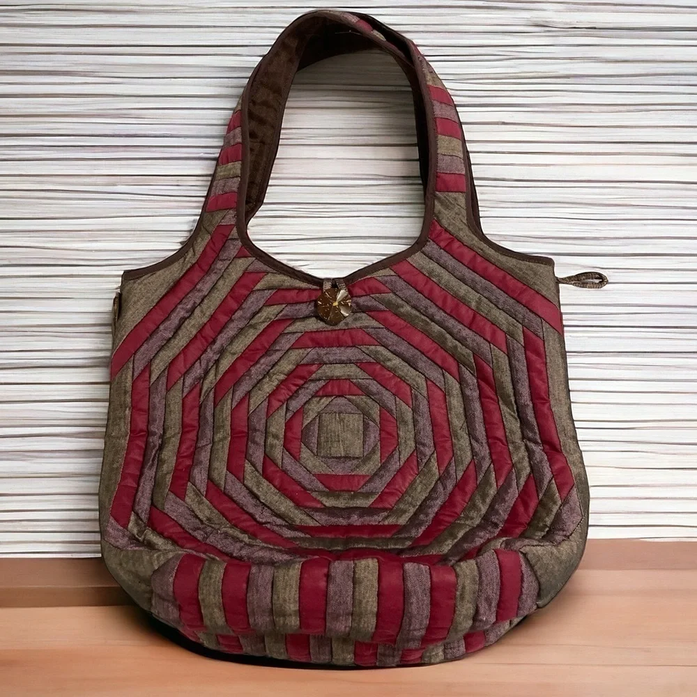 Boho Quilted Silk Shoulder Bag | Red Brown Patchwork Hobo | Coconut Button